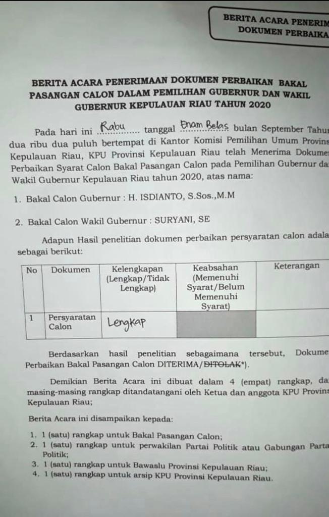 Berkas Pendaftaran Isdianto-Suryani Lengkap dan Diterima KPU Kepri 1