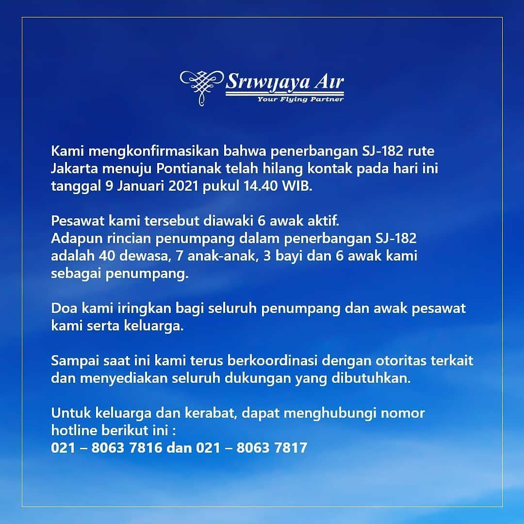 Pesawat SJ-182 Rute Jakarta-Pontianak Hilang Kontak, Ini Penjelasan Sriwijaya Air 1